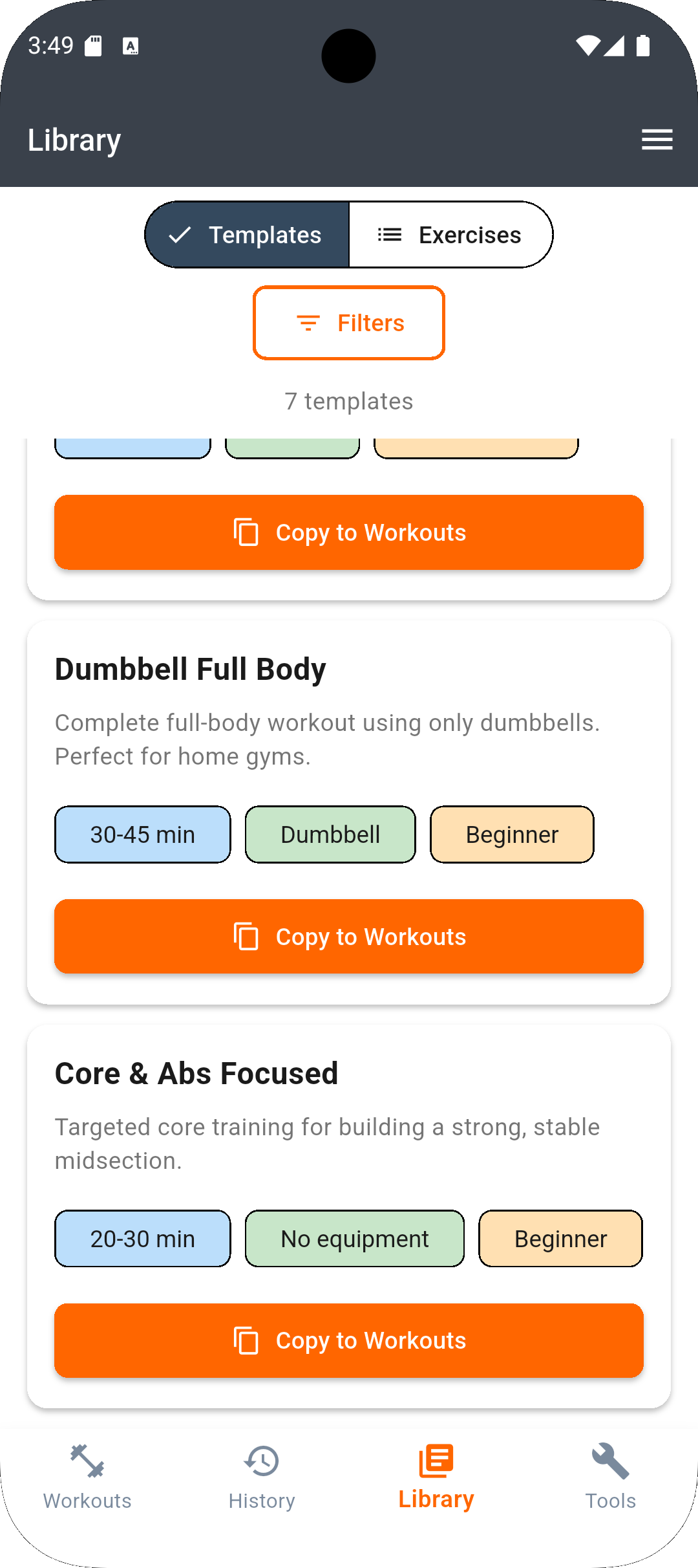 Workout programs screen
