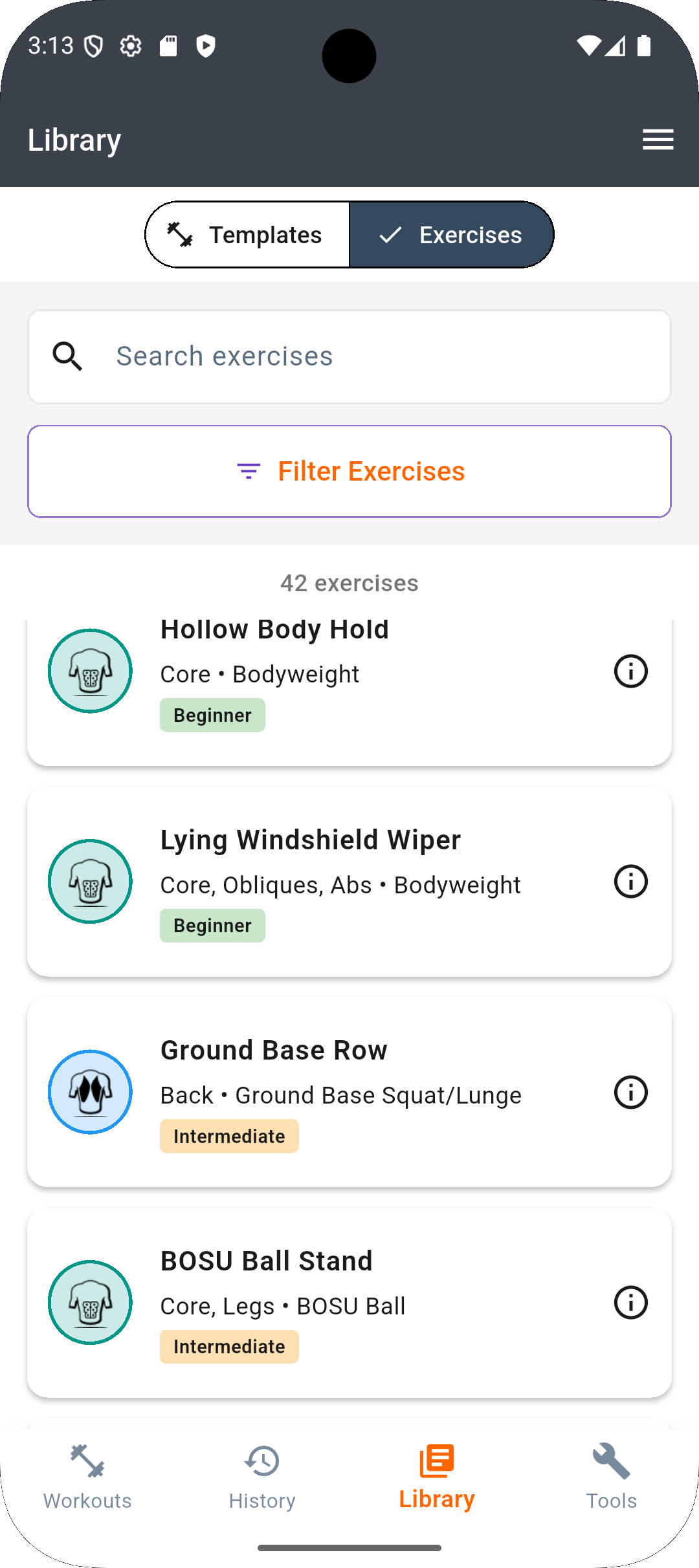 Exercise library screen