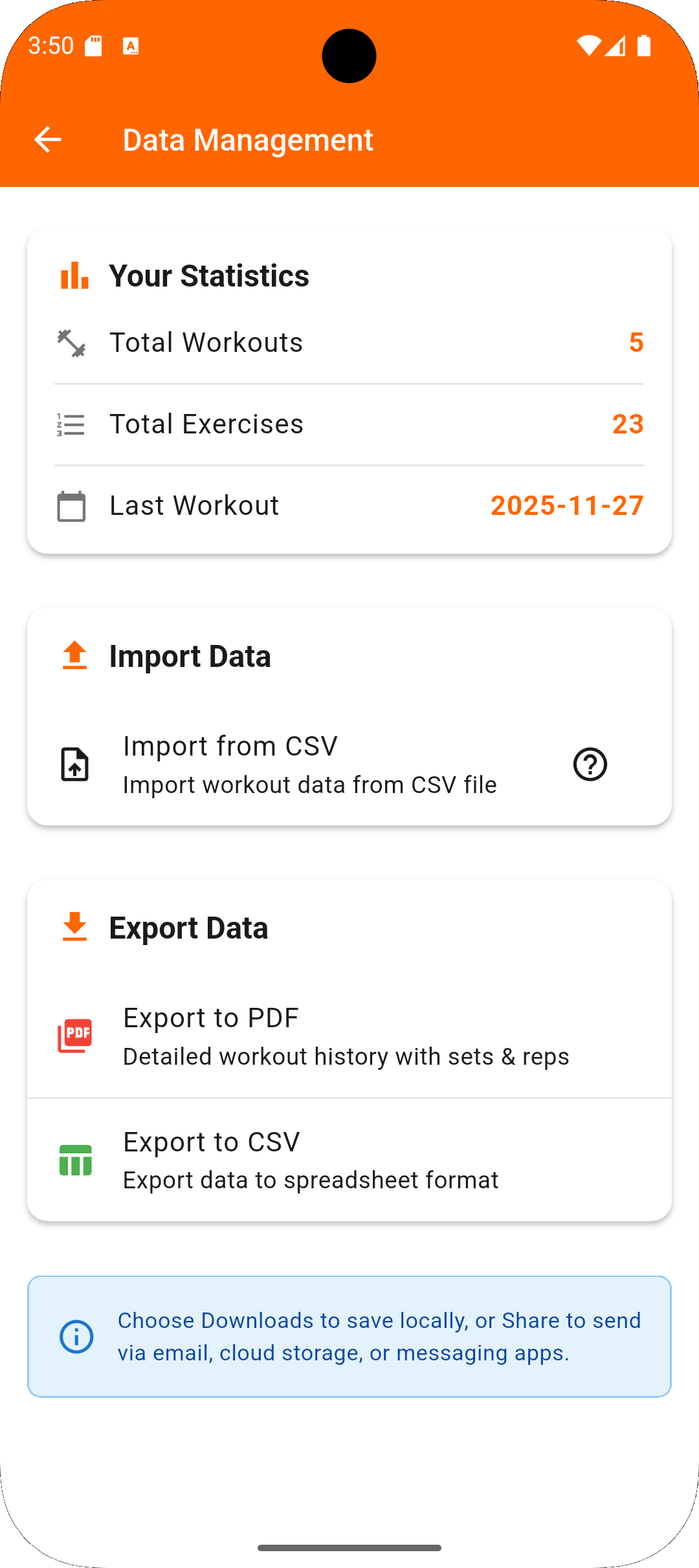 Data import and export screen